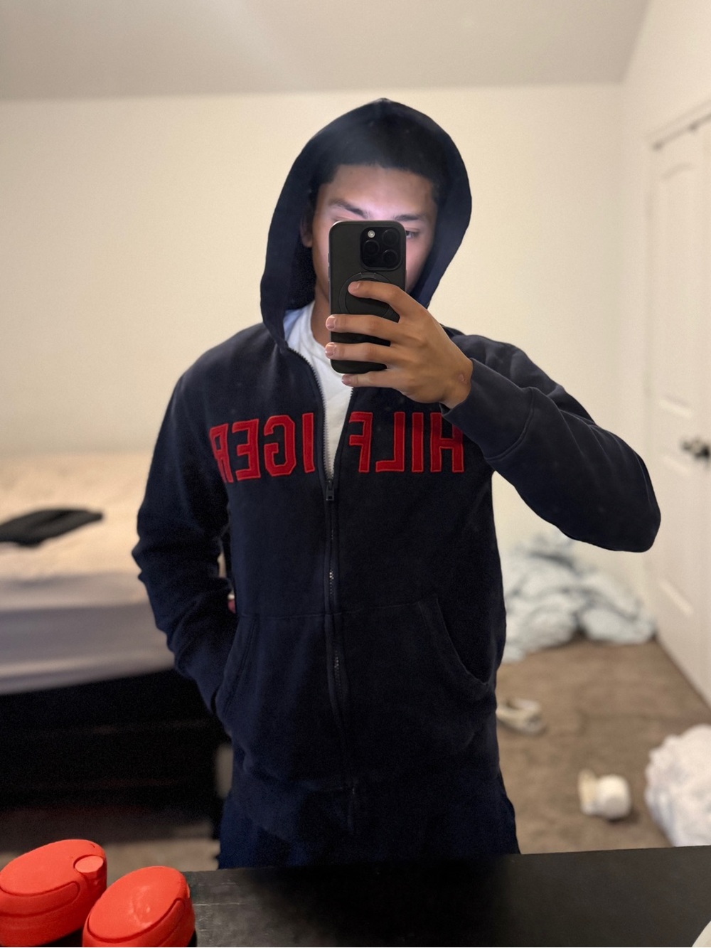 Tommy Hilfiger Navy Zip-Up Sweatshirt with Red Chest Logo